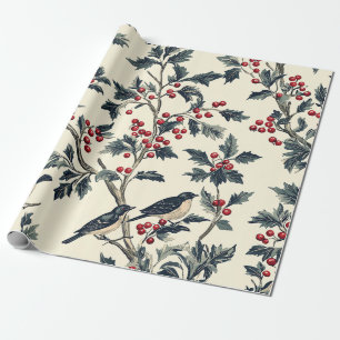 Papel De Presente Pássaro Canoro Elegante Azevinho de Inverno Creme