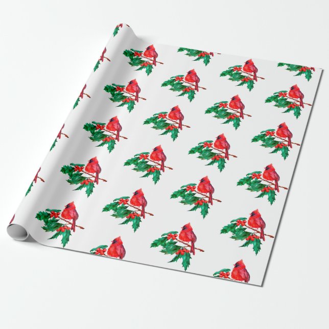 Papel De Presente Pássaro Cardeal Vermelho no Natal da Fileira Holly (Desenrolado)