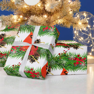 Papel De Presente Pássaro Cardinal Festivo de Natal Brilhante