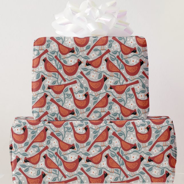 Papel De Presente Pássaro Cardinal Festivo em Aquarela (Festive Red Cardinal birds Christmas Holidays gift wrapping paper roll)