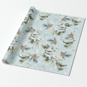 Papel De Presente Pássaro Chickadee Neve Pinecone Woodland Natal