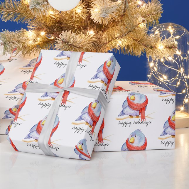 Papel De Presente Pássaro de Natal com Cachecol  (Feriados)