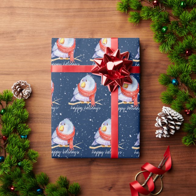 Papel De Presente Pássaro de Natal com Cachecol em Flocos de Neve (Presente de Natal)