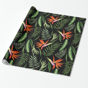 Papel De Presente Pássaro de paraíso tropical e samambaias no preto