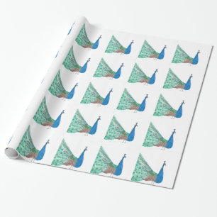 Papel De Presente Pássaro de pavão de penas azul Aquarela verde