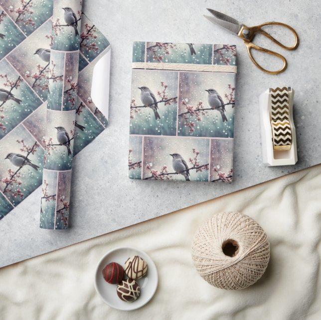 Papel De Presente Pássaro em gotas de chuva (Artesanato)