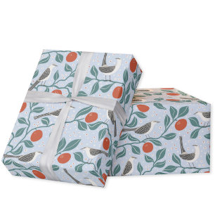 Papel De Presente Pássaro Flor de Laranjeira Azul