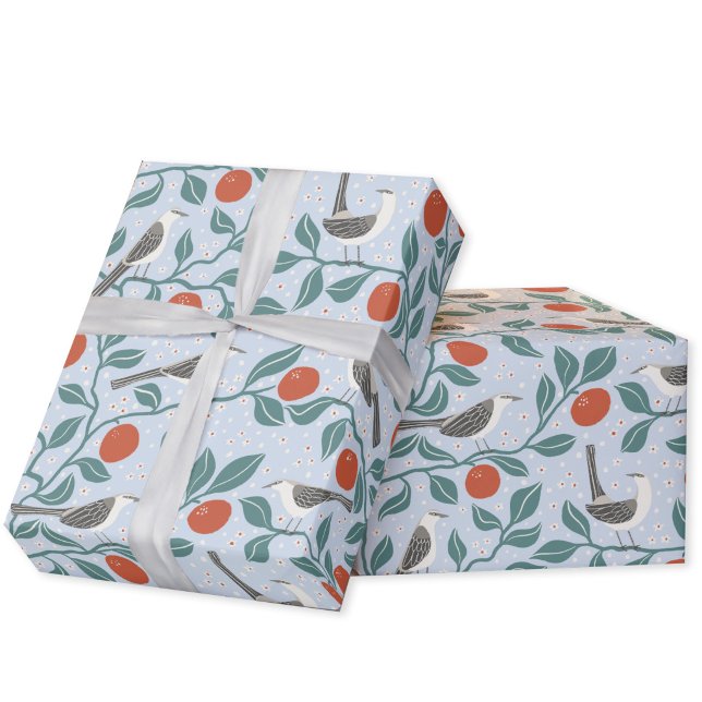 Papel De Presente Pássaro Flor de Laranjeira Azul (Mockingbird Arts and Crafts inspired gift wrapping paper roll)