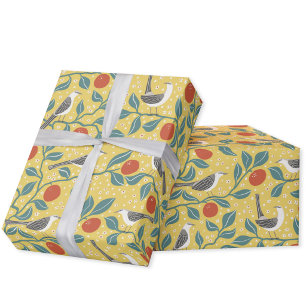 Papel De Presente Pássaro Flor de Laranjeira Mockingbird Flor Amarel