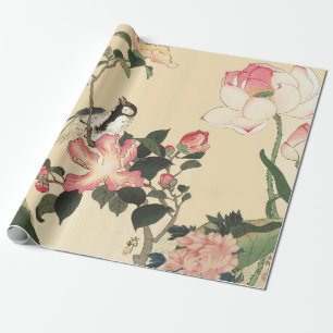 PAPEL DE PRESENTE PÁSSARO PEQUENO COM ROSAS PINK E FLORES DE LÓTUS