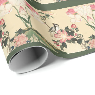 PAPEL DE PRESENTE PÁSSARO PEQUENO COM ROSAS PINK E FLORES DE LÓTUS