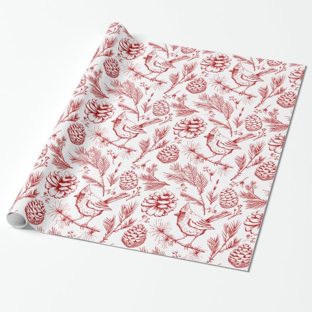 Papel De Presente Pássaro Vermelho Elegante, Pinheiro e Berries de i (Desenrolado)