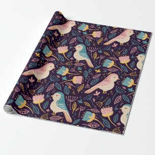 Papel De Presente Pássaros azuis e cor-de-rosa com flores e folhas
