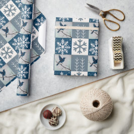 Papel De Presente Pássaros Azuis e Flocos de Neve Natal Padrão de In