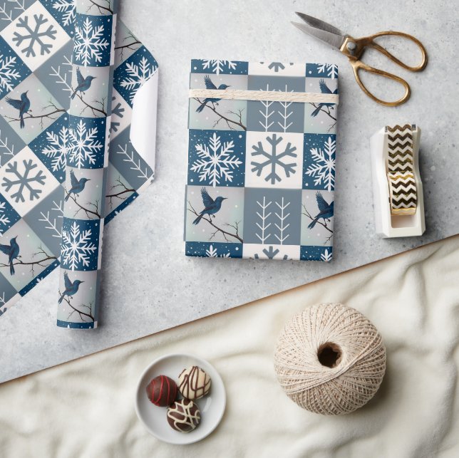 Papel De Presente Pássaros Azuis e Flocos de Neve Natal Padrão de In (Artesanato)