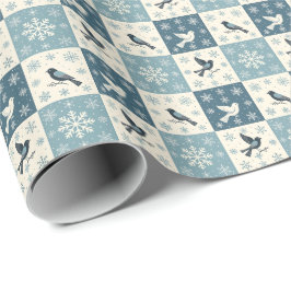 Papel De Presente Pássaros Azuis e Flocos de Neve Padrão de Natal de