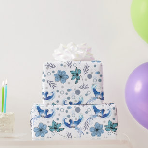 Papel De Presente Pássaros Azuis e Harmonia Floral Padrão Sem Costur