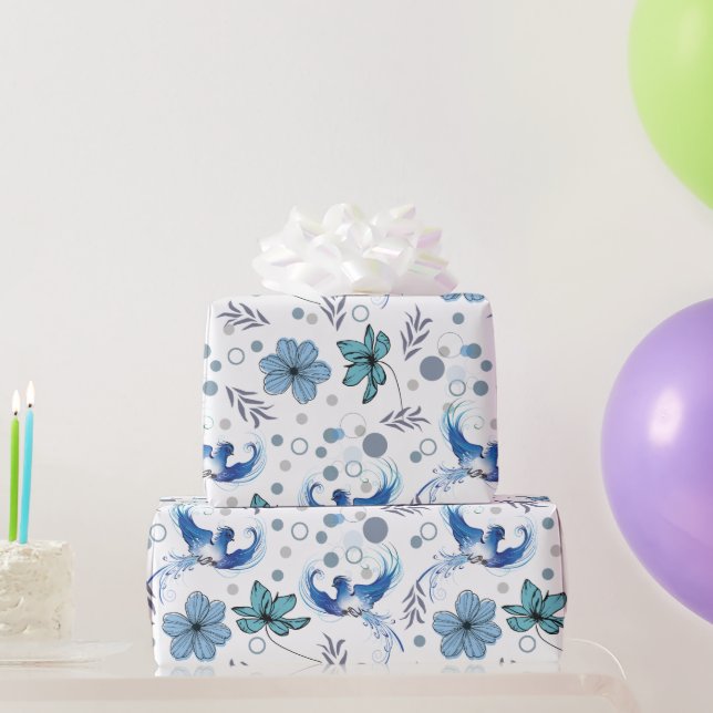 Papel De Presente Pássaros Azuis e Harmonia Floral Padrão Sem Costur (Presentes para festas)