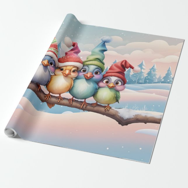 Papel De Presente Pássaros bonitos de fantasia com chapéus de Natal. (Desenrolado)