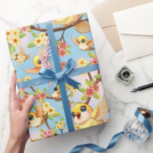 Papel De Presente Pássaros bonitos e felizes entre as flores da prim