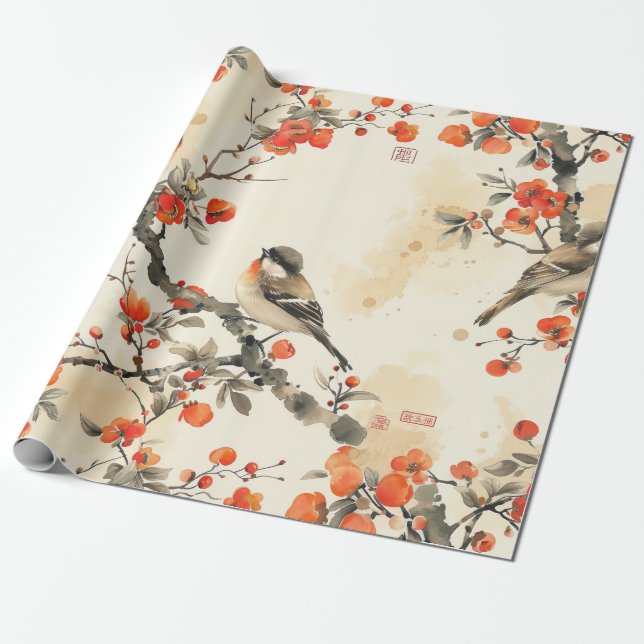 Papel De Presente Pássaros Cantores Orientais e Flores - Tradicional (Desenrolado)