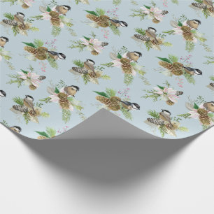 Papel De Presente Pássaros Cantores Poinsettias e Pinhas