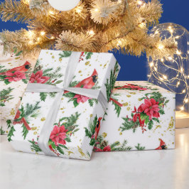 Papel De Presente Pássaros Cardinais da Poinsettia Vermelha Natal