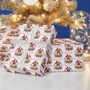 Papel De Presente Pássaros Cardinal em Lanterna de Natal em Aquarela
