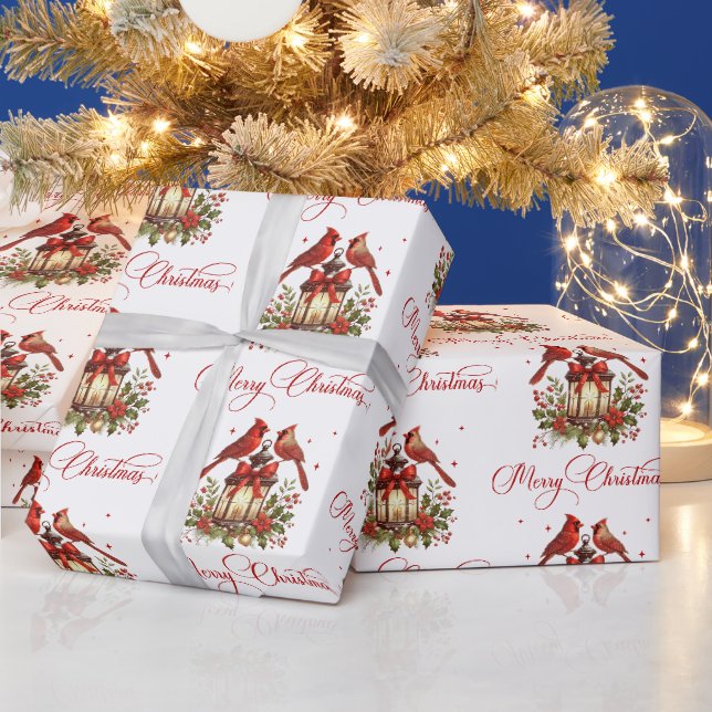 Papel De Presente Pássaros Cardinal em Lanterna de Natal em Aquarela (Feriados)