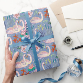 Papel De Presente Pássaros Cisne Padrão Botânico Floral Azul