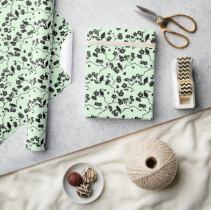 Papel De Presente Pássaros com flores de cereja pretas em verde-mint