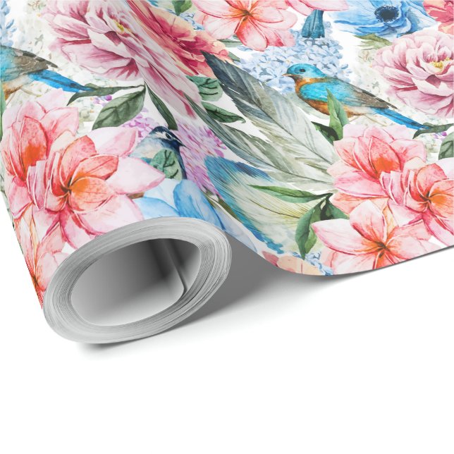 Papel De Presente Pássaros com Padrão Floral Flores Folhagem Azul Ve (Ponta do rolo)