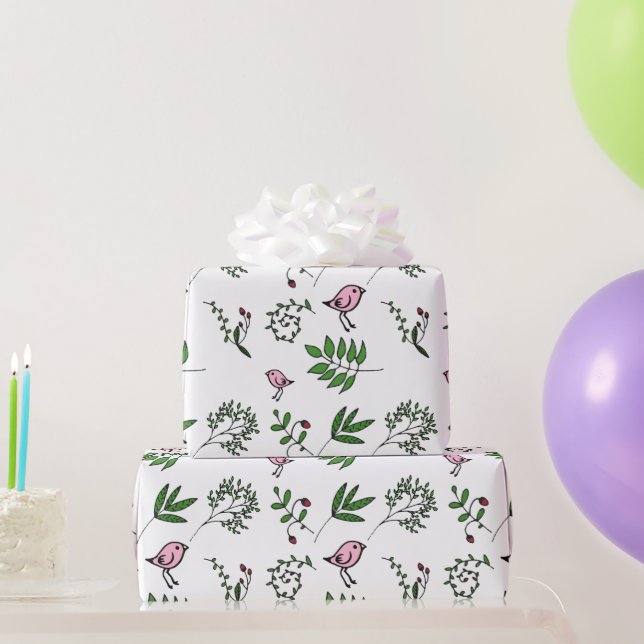 Papel De Presente Pássaros cor-de-rosa e folhas verdes (Presentes para festas)
