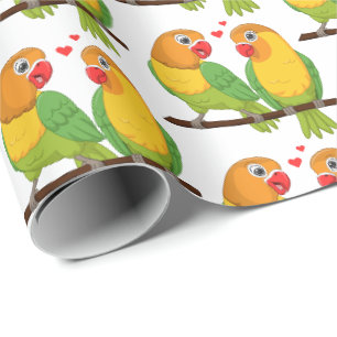 Papel De Presente Pássaros de Amor Fofos Periquitos Verdes Amarelos