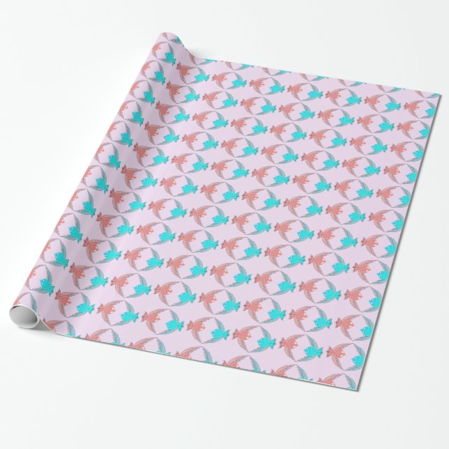 Papel De Presente Pássaros de Amor, Rosa e Azul (Desenrolado)