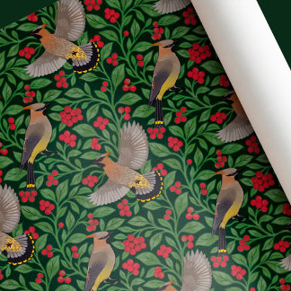 Papel De Presente Pássaros-de-cera de Natal Botânico Vintage