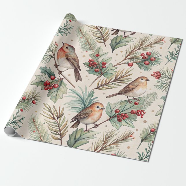 Papel De Presente Pássaros de Natal Antigos - Azevinho e Pintarroxo (Desenrolado)