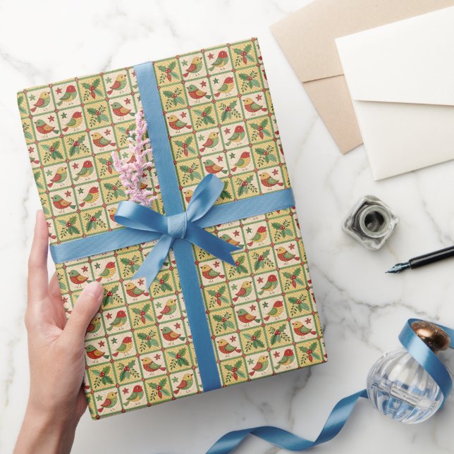 Papel De Presente Pássaros de Natal e Folhas de Azevinho em Arte Pop (Presentear)