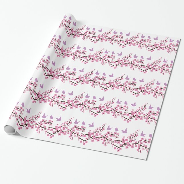 Papel De Presente Pássaros e flores de cerejeira (Desenrolado)