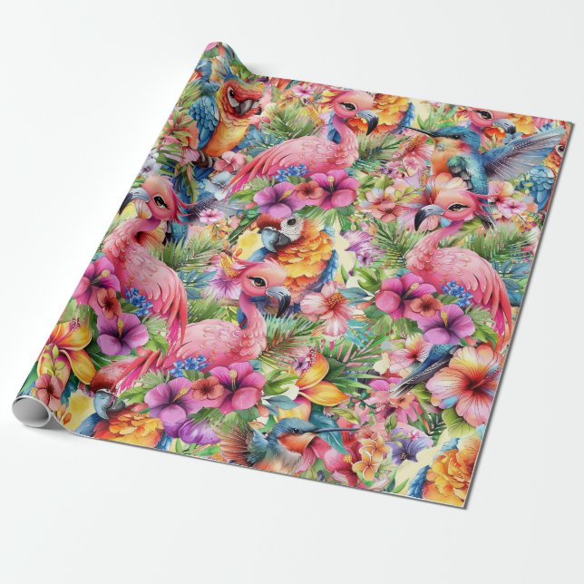 Papel De Presente Pássaros e Flores Tropicais (Desenrolado)