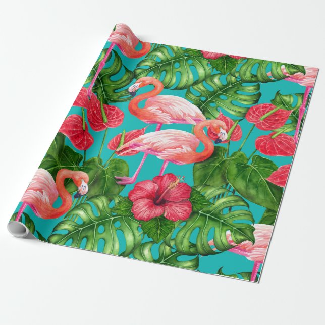 Papel De Presente Pássaros Flamingo e aquarela de jardim tropical (Desenrolado)