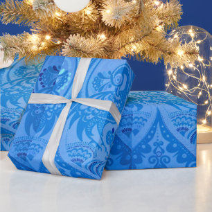Papel De Presente Pássaros Pavões Orientais Azuis