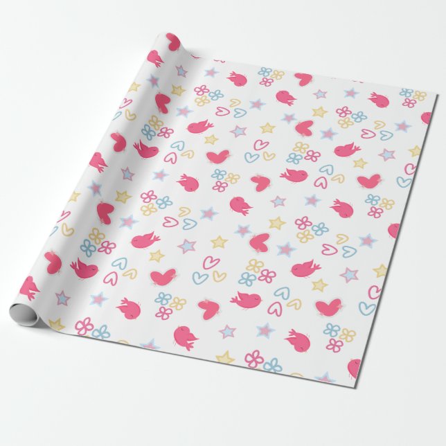 Papel De Presente Pássaros Rosa e Corações de Amor (Desenrolado)
