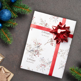 Papel De Presente Pássaros Simples de Inverno Frutas Vermelhas Natal