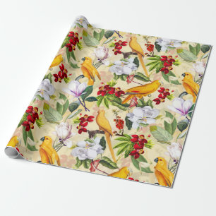 Papel De Presente Pássaros Tropicais - Padrão Selvagem - Amarelo