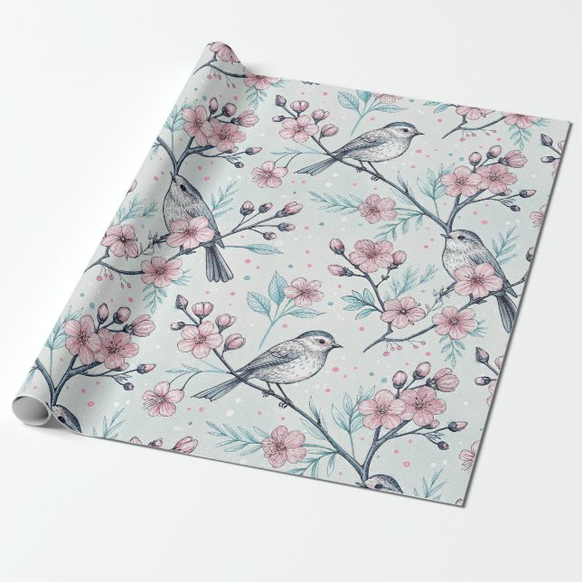Papel De Presente Pássaros Turquesa Elegantes Flores de Cerejeira Ro (Desenrolado)