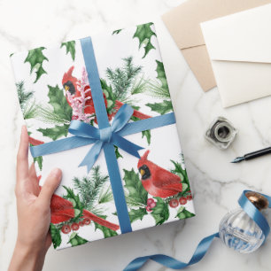 Papel De Presente Pássaros Vermelhos de Natal Pine Cones Brunch