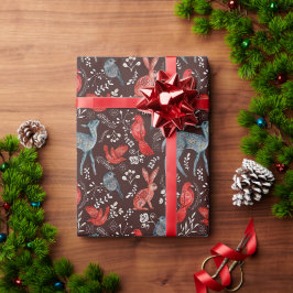 Papel De Presente Pássaros Vermelhos, Veado, Coelhos no Natal Nórdic