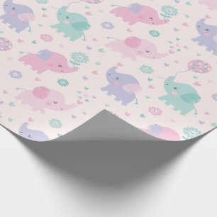 Papel De Presente Pasta branca Pequenos Elefantes rosa menta-lilás