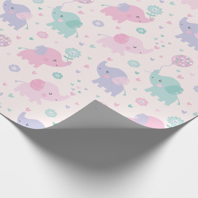 Papel De Presente Pasta branca Pequenos Elefantes rosa menta-lilás (Ponta)